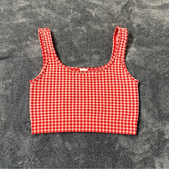 Gingham Scoop Neck Crop Tank Top - Red Preppy Summer Cottagecore Size Large - Picture 2 of 6